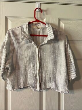 Thread & Supply White Cropped Button-Front Shirt with Subtle Gray Stripes